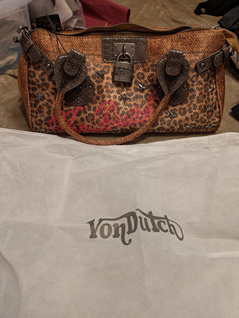 Von Dutch Leopard Print Shoulder Bag with Pink Script and Studs